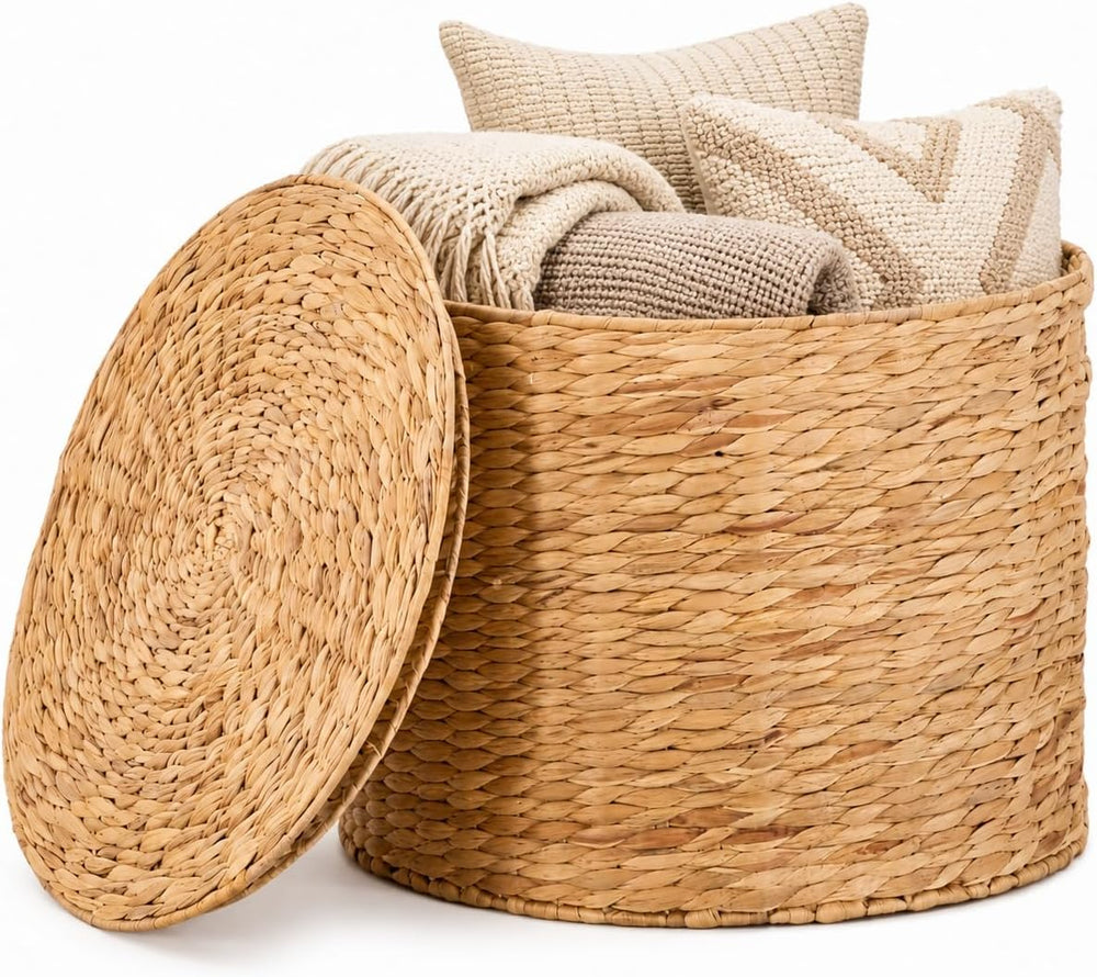 Round Water Hyacinth Storage Ottoman with Lid | Handwoven Water Hyacinth Foot...