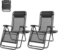Zero Gravity Chairs Set of 2, Outdoor Lounge Chairs, Black | Folding Reclining Patio Lawn Chairs with Mesh Back, Adjustable Pillows and Cup Holder Trays, for Pool, Beach, Camping