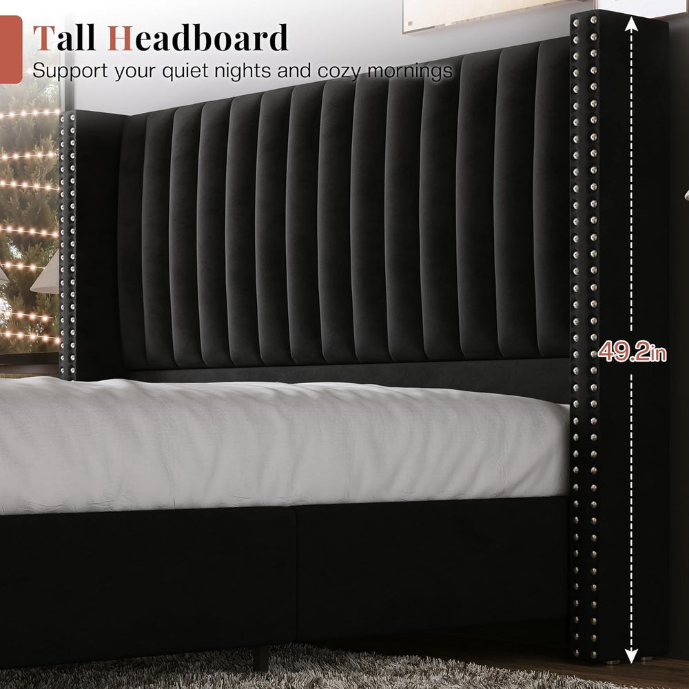 Jocisland Queen Size Bed Frame Velvet Upholstered Wingback Headboard, Black