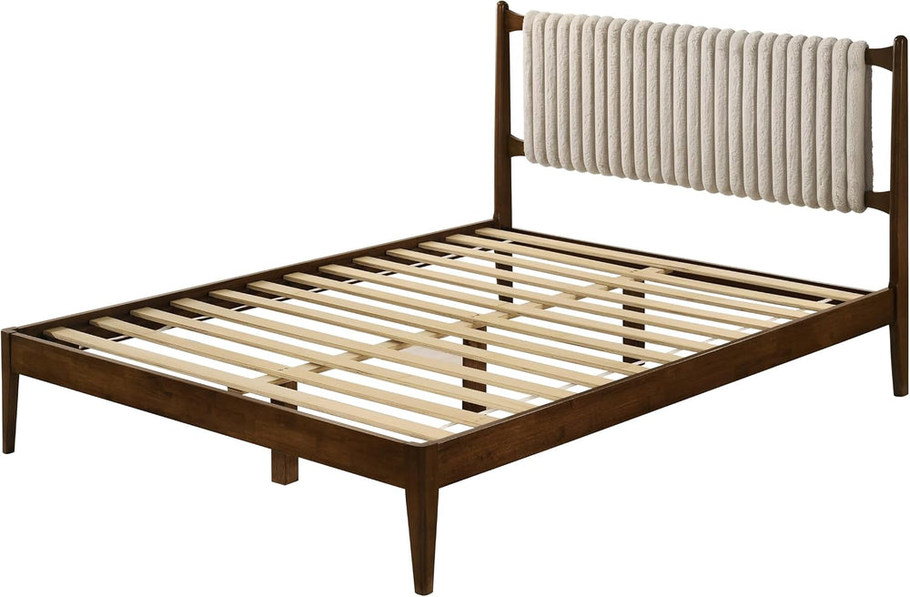 Ella Wooden Platform Bed | Box Spring Not Required | Walnut and Beige, Queen
