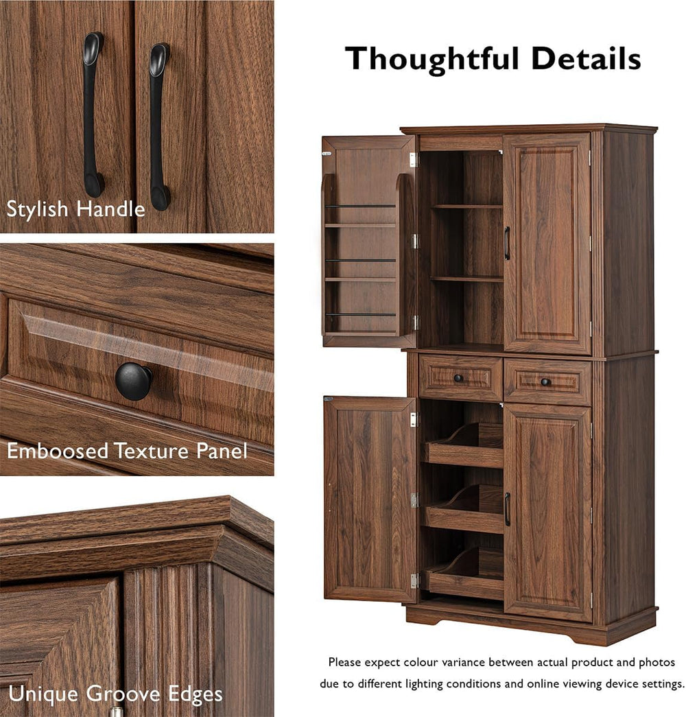 71" Tall Kitchen Pantry Cabinet, Freestanding Cupboard with 3 Pull Out C...