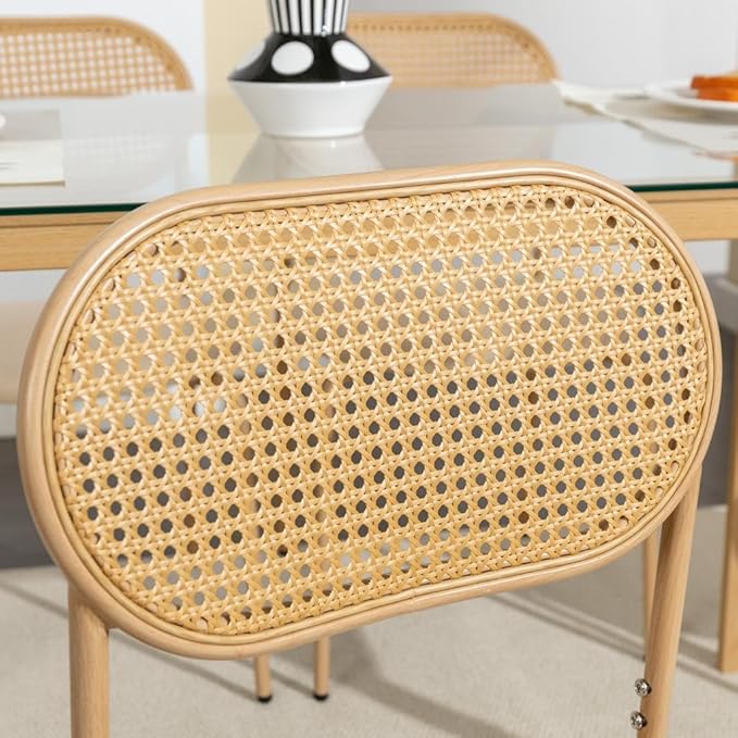 COSVALVE Boho Dining Chairs Set of 4 with Rattan Back, Upholstered Cane Seats, Metal Legs - Perfect for Dinner, Living Room, or Reception Area