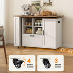 72" Rolling Kitchen Island with 360° Swivel Table & Power Outlet, Farmhouse Mobile Island Table with Storage Cabinet on Wheels, Wood Island Cart with Spice Rack for Kitchen,Dining Room,White