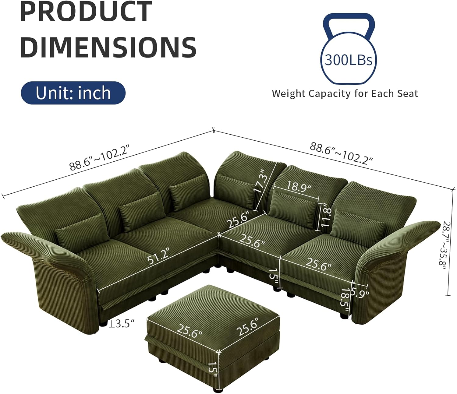 LLappuil Corduroy Sectional Sofa with Storage Ottoman, L Shaped Modular Sectional Couches for Living Room with Adjustable Arms Backs, Plush Supportive Cushions, 6 Seat, Green | Tool Free Assembly