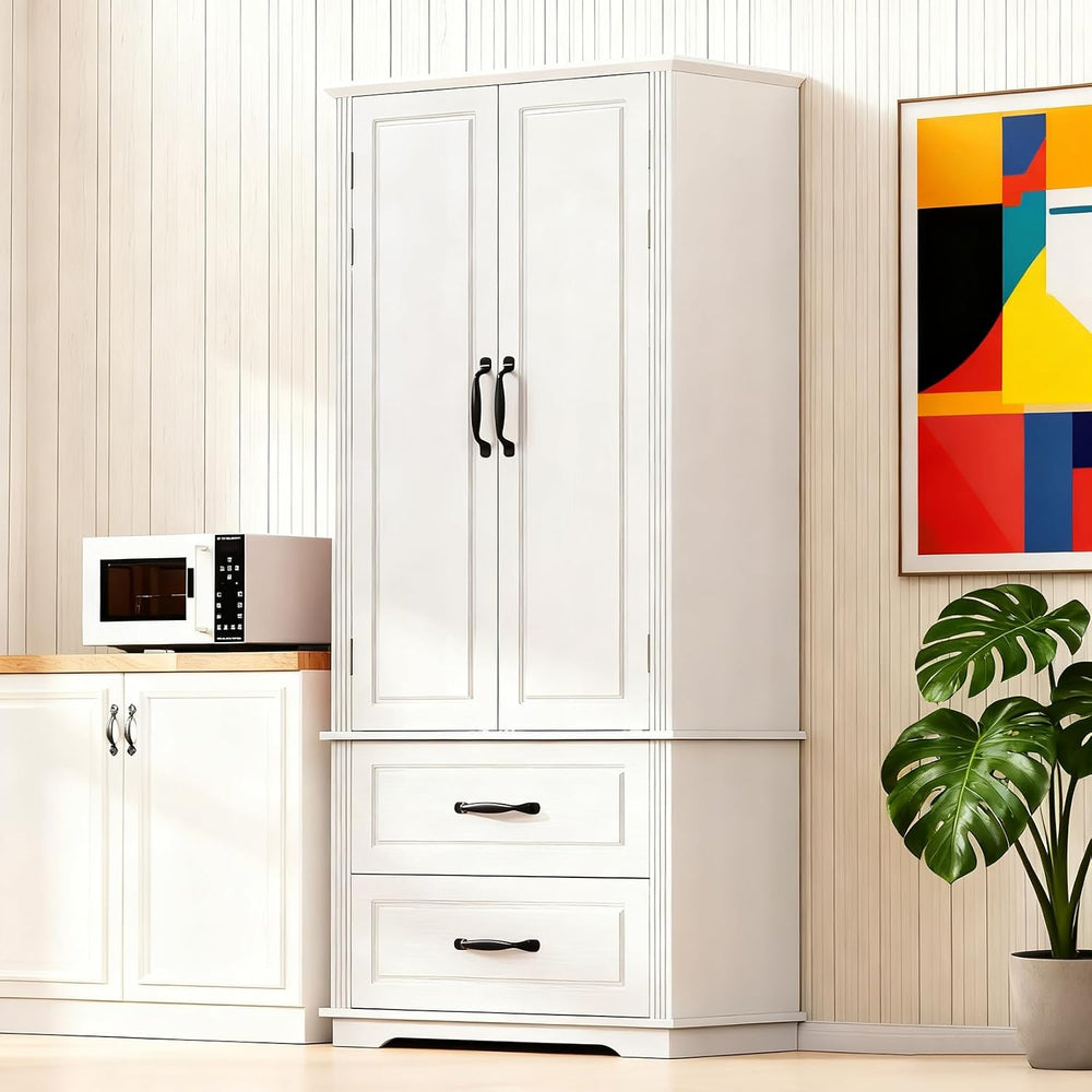 71" Tall Farmhouse Pantry Cabinet, Wood Storage Cabinet with 2 Doors, 2 ...