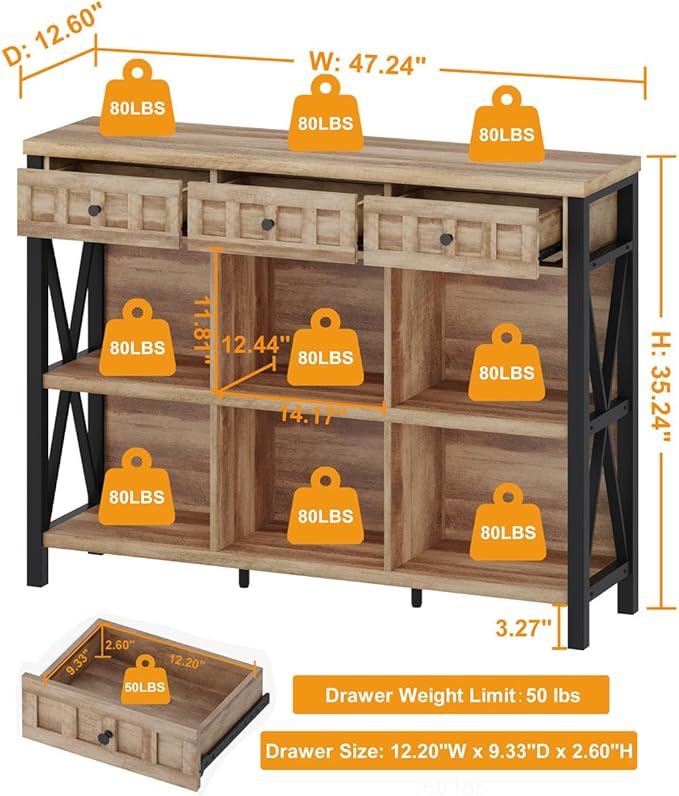 FATORRI Rustic 6 Cube Storage Organizer Shelf with 3 Drawers, Long Horizontal...