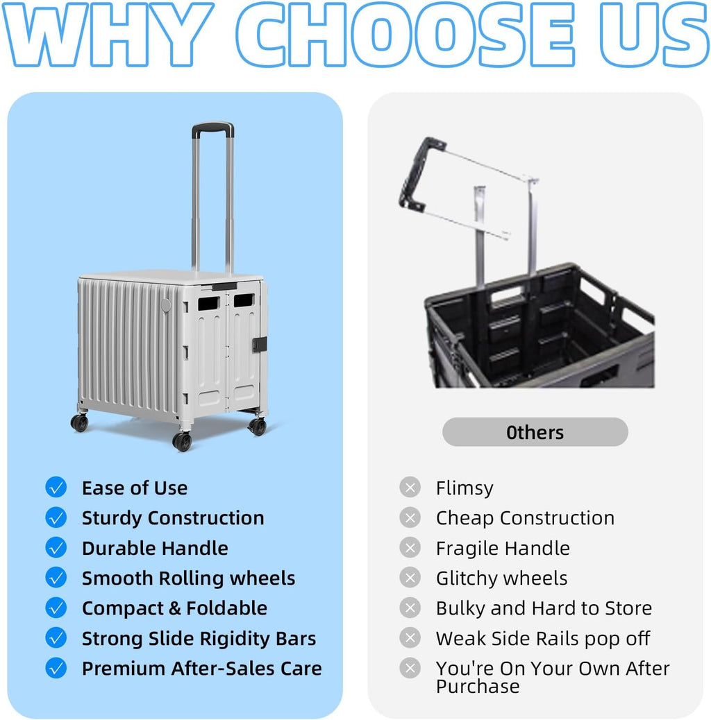 Folding Utility Cart (Gray), 4 360° Swivel Wheels Collapsible Rolling Crate with Lid, Heavy-Duty for Office/Home/Luggage, Teacher - Minimalist Style