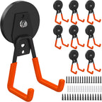 8 Pack Heavy Duty Storage Magnetic Utility Hooks Large Garage Strong Extra Magnet Hooks Hanger with Anti-Slip Coating Heavy Duty Magnetic Hooks for Hanging Power Dril Garage Garden Tools Orange