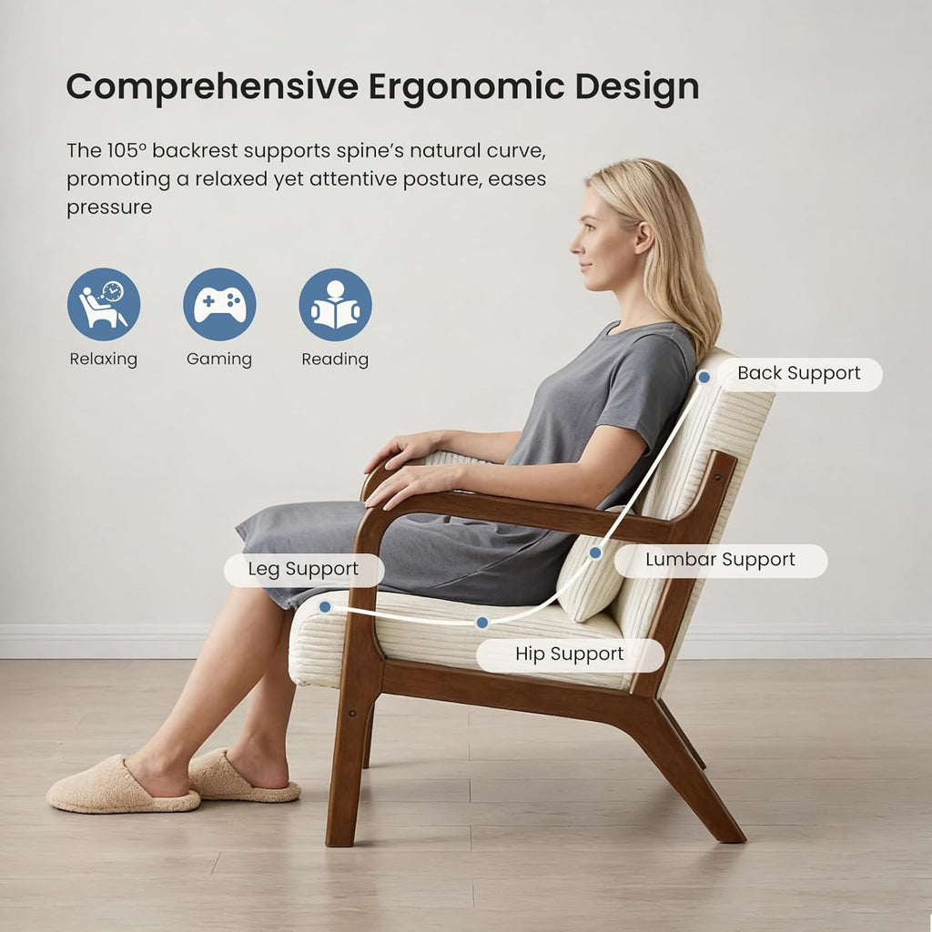DUMOS Accent Chairs Set of 2, Mid Century Modern Accent Chair with Lumbar Pillow and Solid Wood Frame, Upholstered Armchair Reading Chair for Living Room, Bedroom, Beige