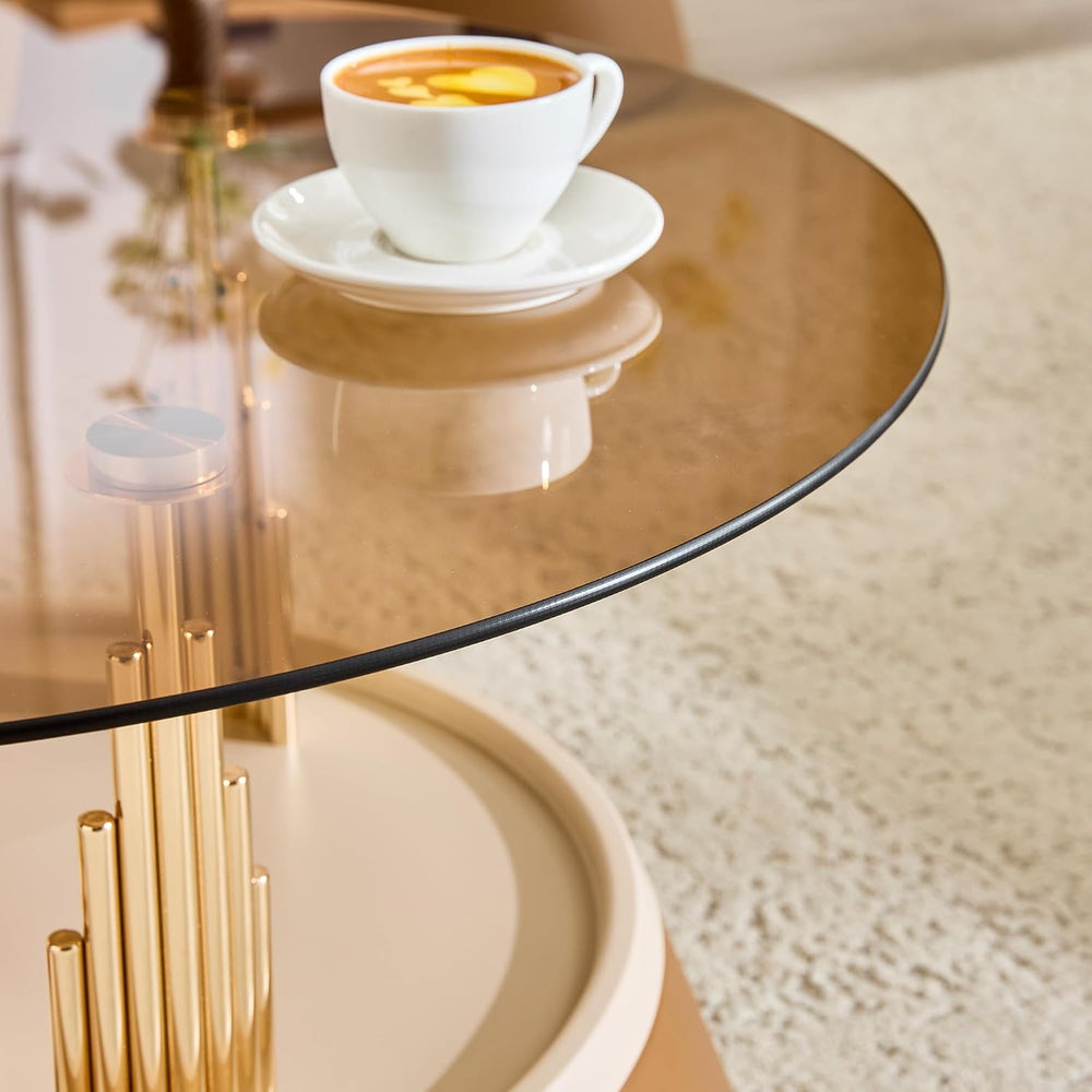 2-Piece Nesting Coffee Table Set, Brown and Gold Metal, Round Side Tables | N...