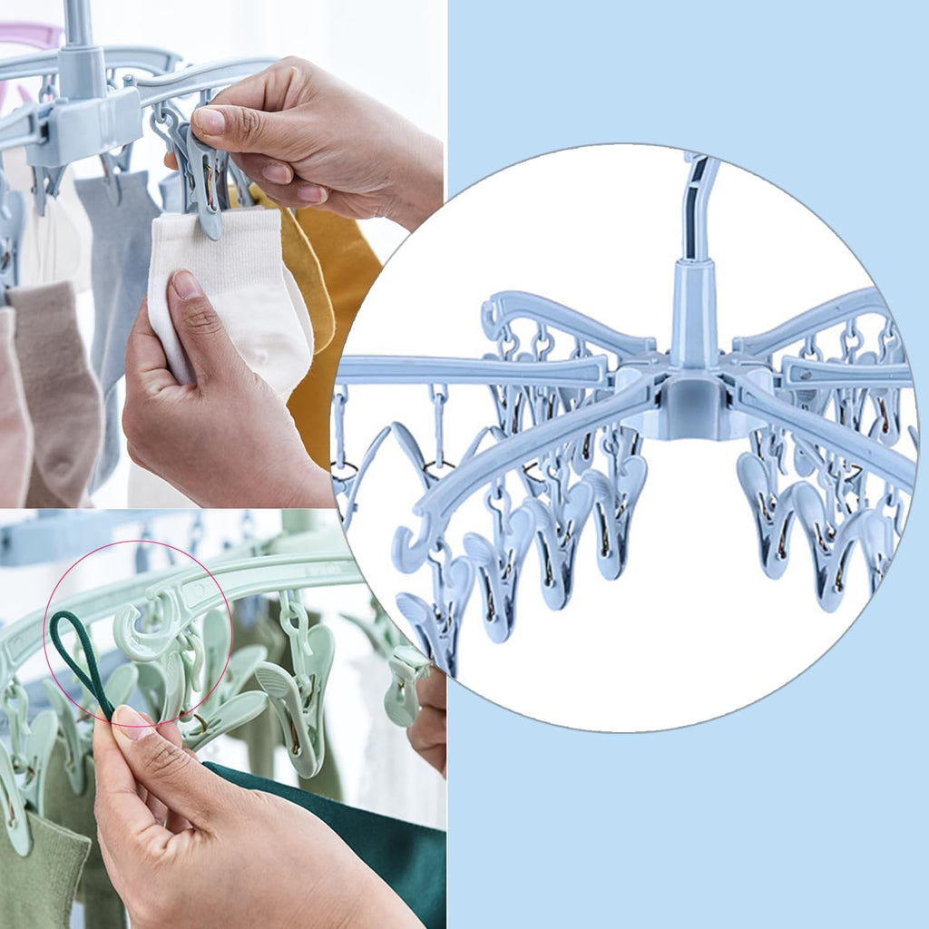 Foldable Drying Rack with 24 Clips for Drying Socks Lingerie Baby Clothes Drying Towels Rotatable Sock Drying Rack