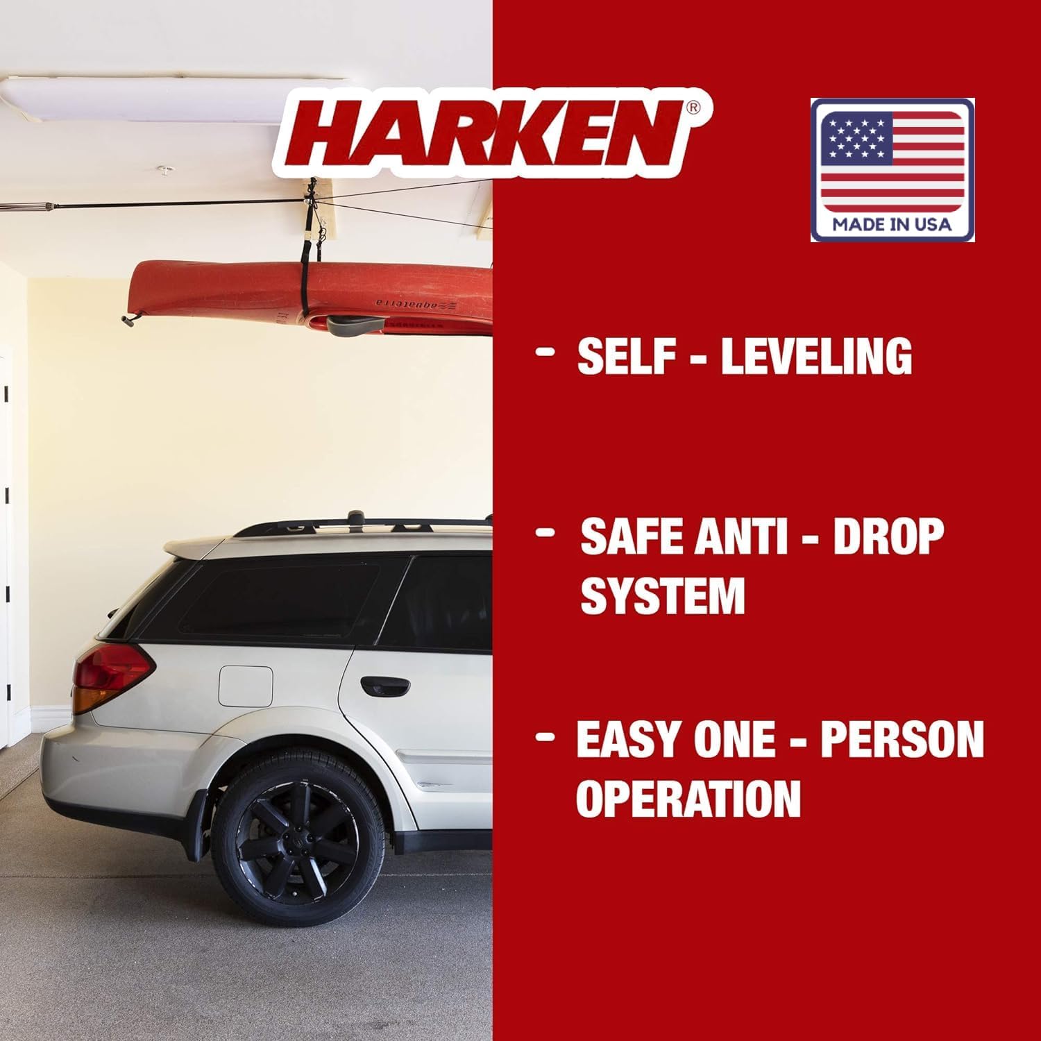HARKEN Hoister - Overhead Garage Storage 2 Point Hoist System for Bikes, Kayaks, Surf & Paddle Boards (60lb Capacity, 16ft Ceiling) Safe Anti-Drop System, One-Person Operation - 7807.16