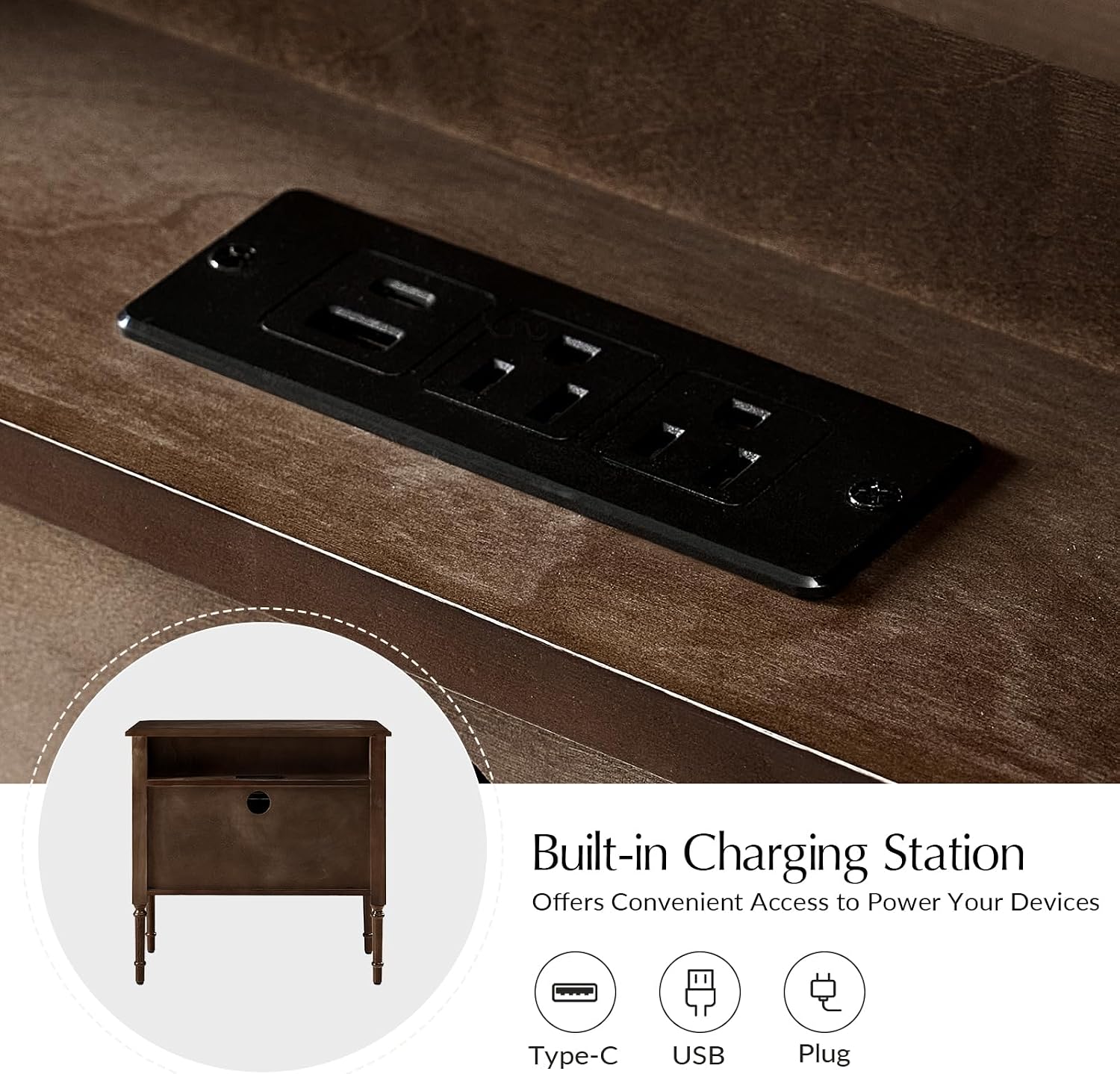 HULALA HOME Solid Wood End Table with Charging Station, Mid-Century Modern End Table with 2 Drawer, Adjustable Solid Wood Feet, Easy Assembly Set of 2, Walnut