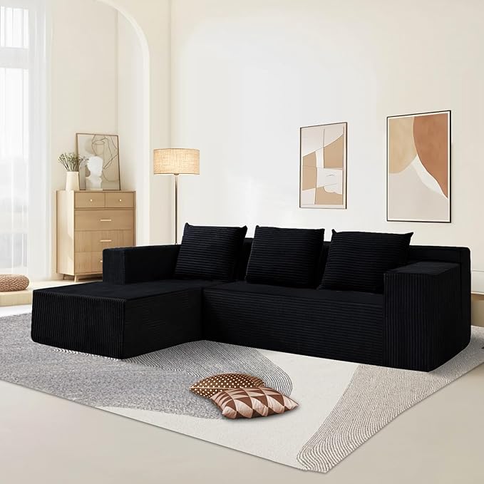 103" Cloud Sectional Sofa, Boneless L-Shape Couch with Chaise, Modern Minimalist Modular Couch for Living Room, Free Combination, Deep Seat, No Assembly Required, Premium Corduroy, Black, L