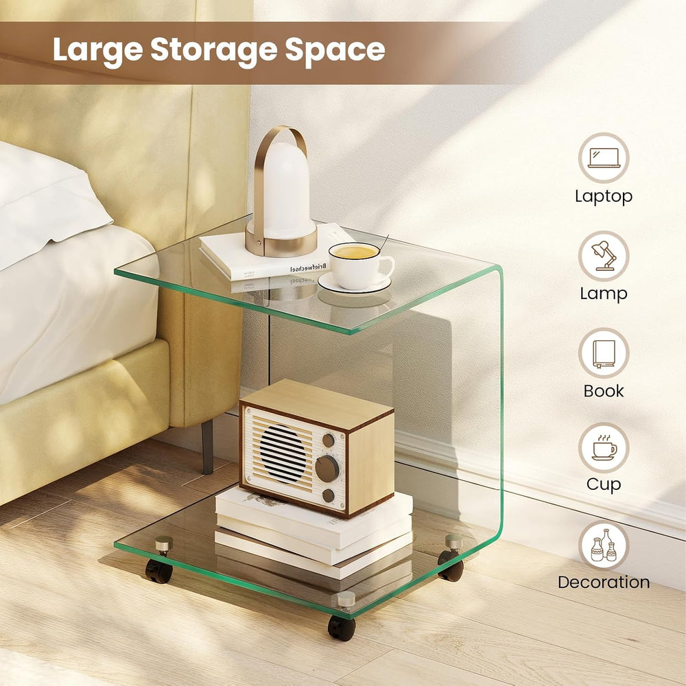 BECOMFORT Tempered Glass C-Shape End Table, Rolling Side Table with 4 Lockabl...