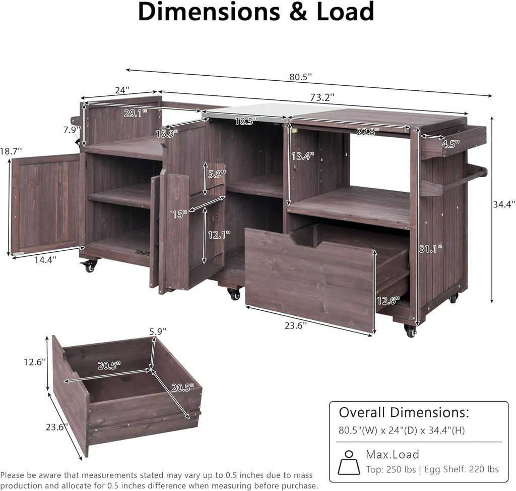 Merax 80.5" Outdoor Kitchen Island for Big Green Egg& Blackstone Griddle,Solid Wood Grill Cart Table with Stainless Steel Top,Drawer for Large Big Green Egg and 21"/28" Blackstone Griddle,Dark Brown
