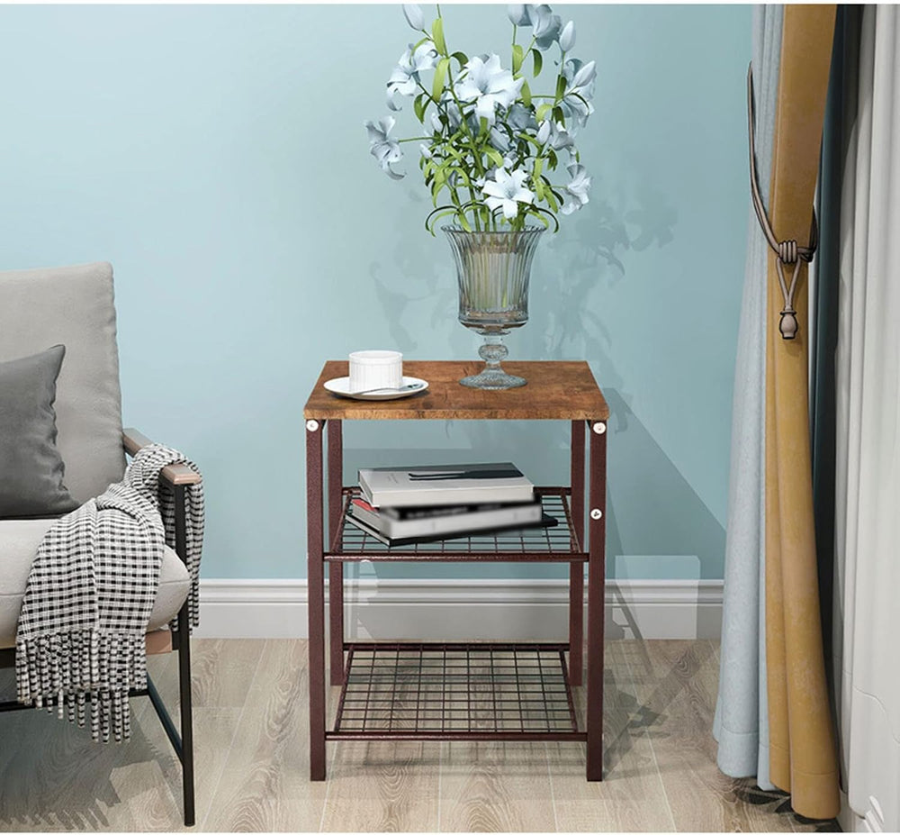 Wrought Iron Bedside Table with 3 Tier Open Storage Shelf Sofa Side Table, Po...