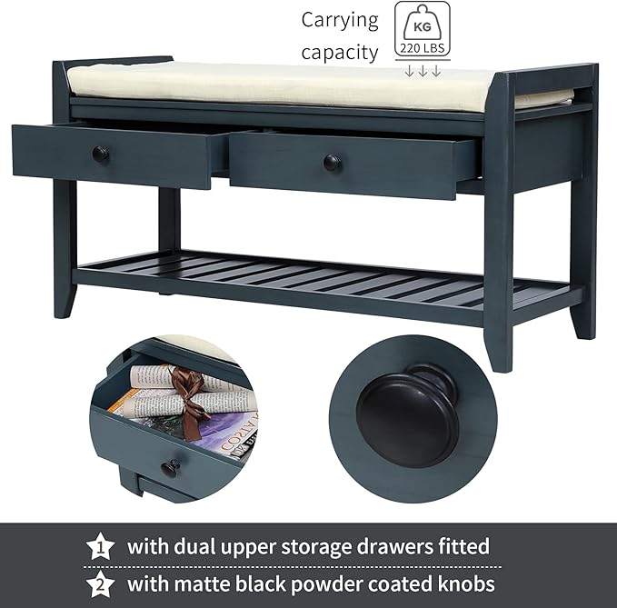 39″ Storage Bench with Cushioned Seat and Drawers,Multipurpose Wooden Entryway Ottoman,Hidden Compartment Organizing Shoe Rack,for Bedroom Hallway Porch,Antique Navy