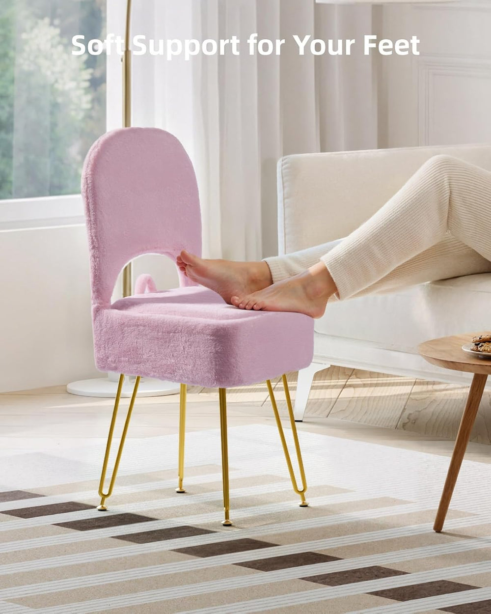 Pink Vanity Chair with Storage and Back for Teens - Faux Fur Makeup Vanity St...