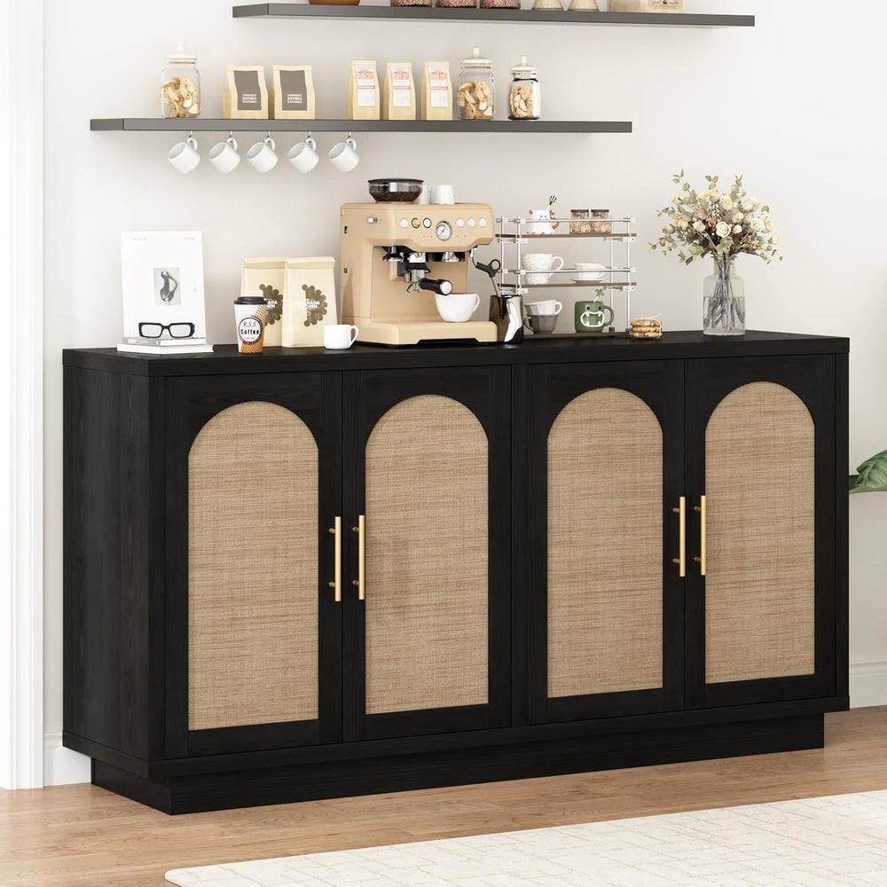59" Rattan Sideboard Buffet Cabinet with Storage, 4 Arched Doors