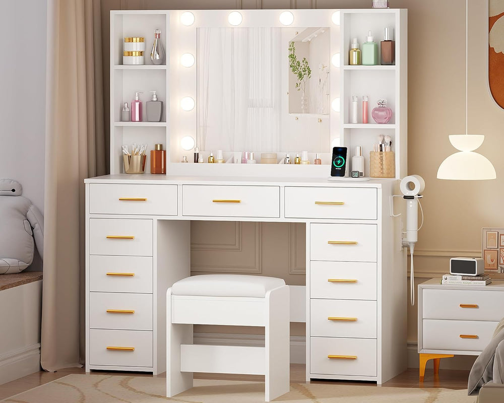 ANWBROAD 11 Drawers Makeup Vanity Desk with Mirror and Lights,Stool | White V...