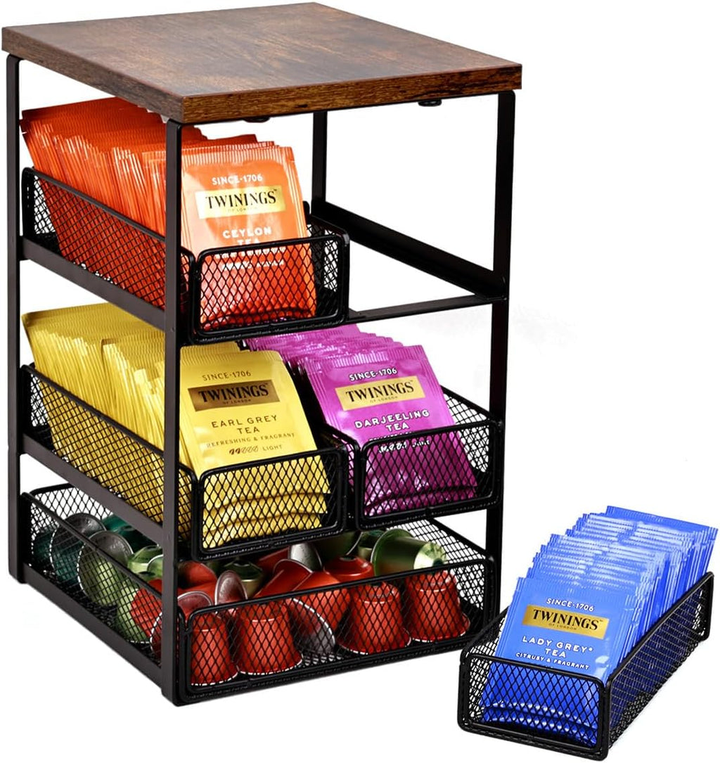 Tea Bag Organizer with 5 Drawers, Wooden & Metal Tea Storage Organizer for TeaBags, Coffee Pods, Creamers & Sugar – Countertop Tea Bag Holder for Coffee Bar and Kitchen, Space-Saving Tea Storage Rack