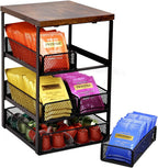Tea Bag Organizer with 5 Drawers, Wooden & Metal Tea Storage Organizer for TeaBags, Coffee Pods, Creamers & Sugar – Countertop Tea Bag Holder for Coffee Bar and Kitchen, Space-Saving Tea Storage Rack