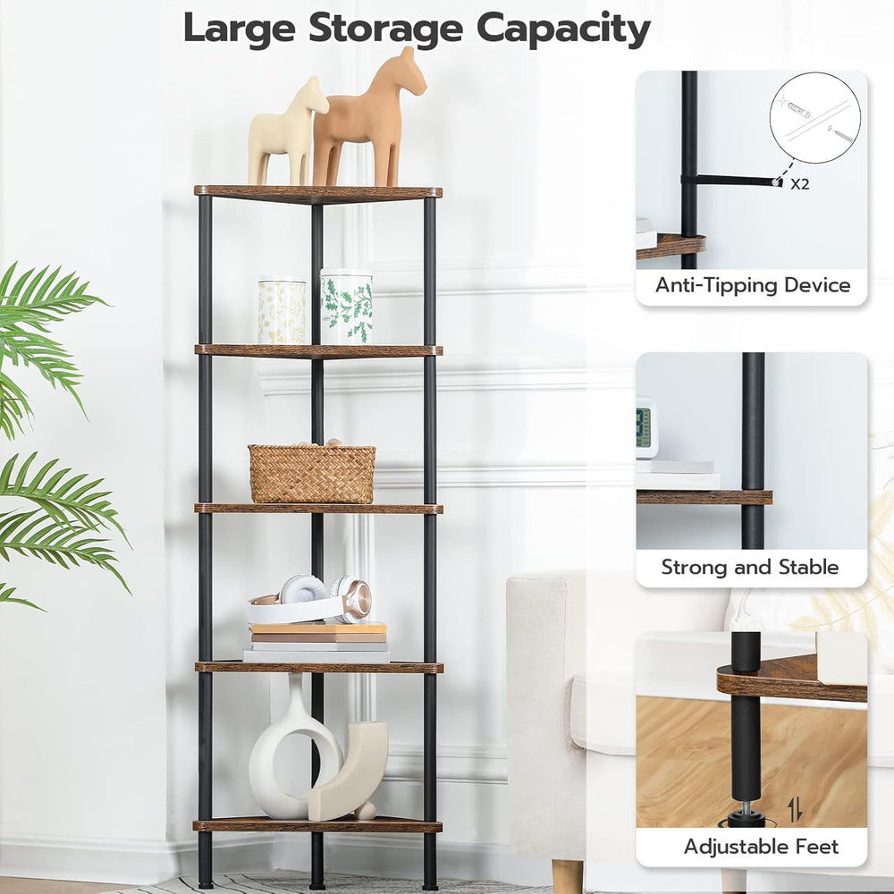 HOOBRO Corner Shelf Stand, Industrial 5-Tier Corner Bookshelf with Metal Fram...