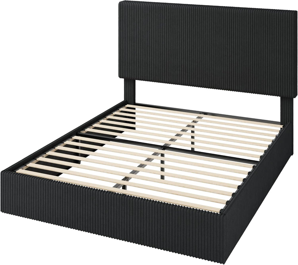 Allewie Queen Bed Frame, Adjustable Corduroy Headboard, Platform, Black
