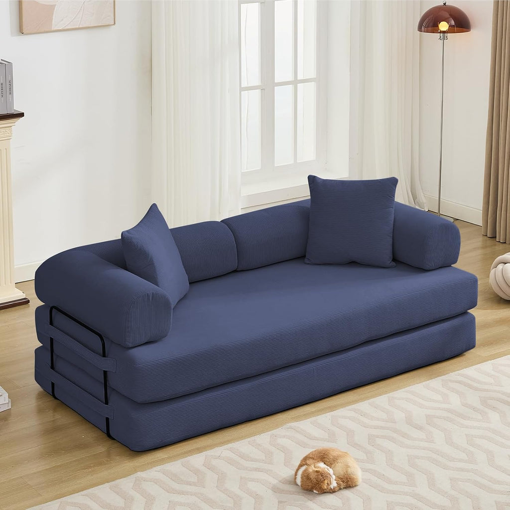 Convertible Folding Sofa Bed, Modular Floor Sofa with Removable Backrest, 3-Seater Fold Out Couch Bed with Pillows, King Size Futon Lazy Couch Corduroy Sleeper for Living Room, Dorm, Dark Blue