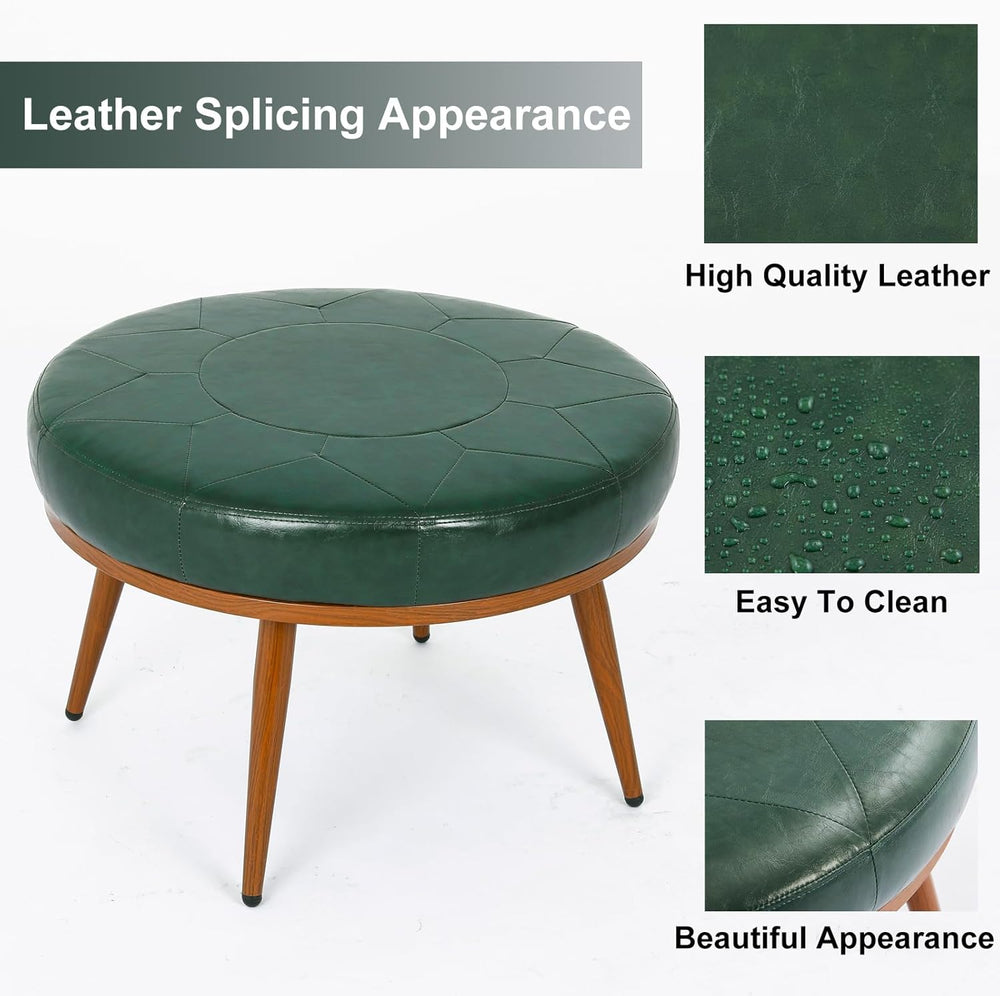 Green Round Ottoman Coffee Table, 24-Inch Faux Leather Cushioned Footstool wi...