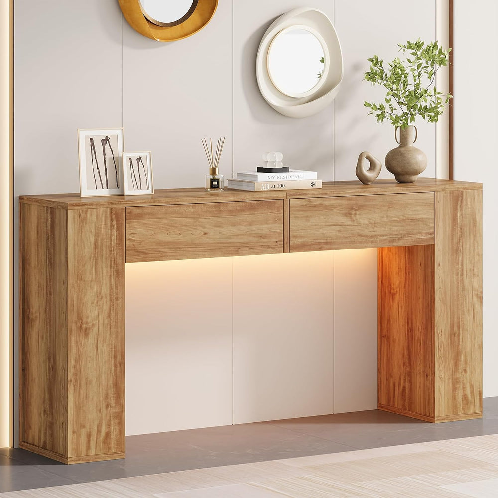 Farmhouse Console Table with LED Light and 2 Drawers, Natural Oak | 55 inch L...