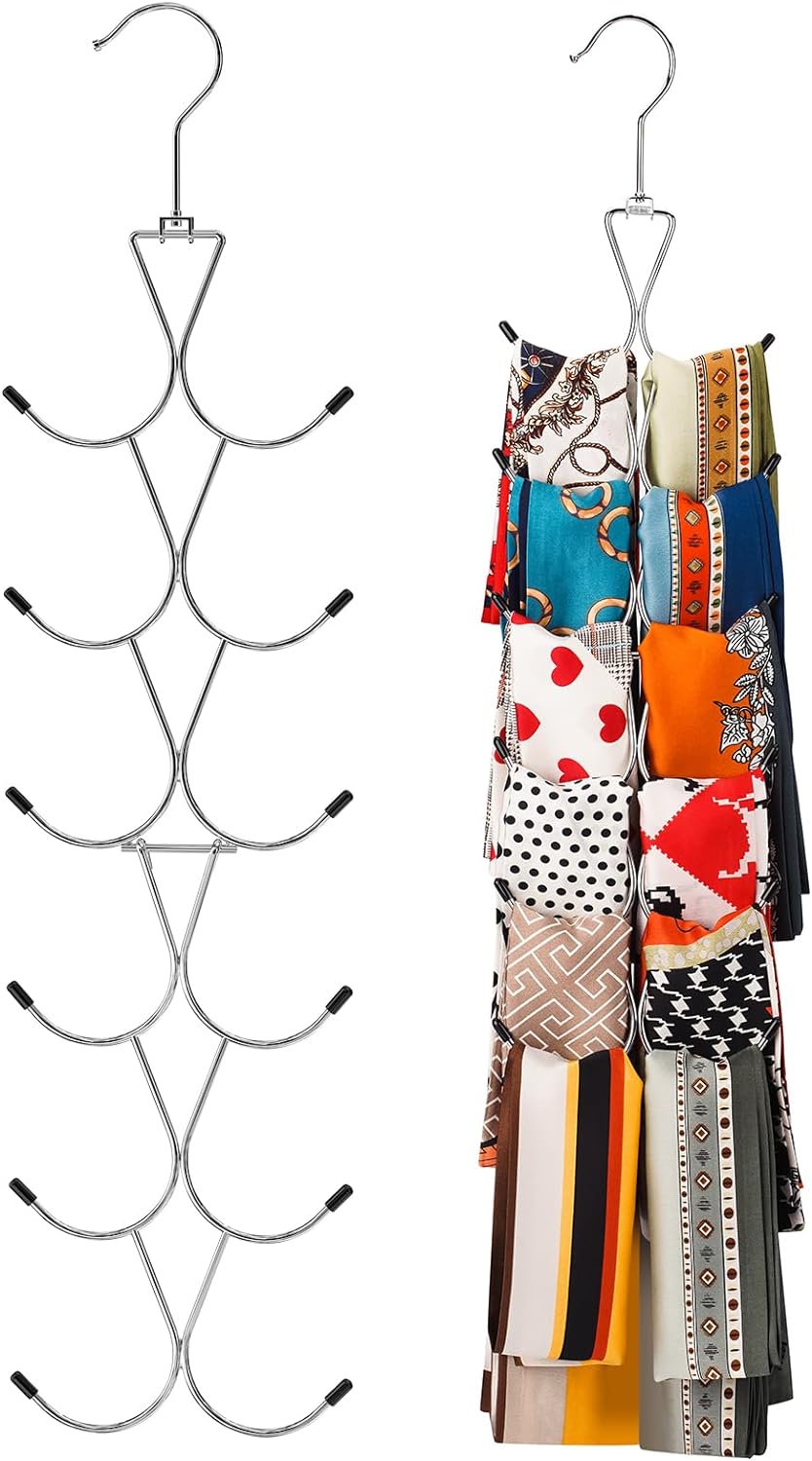 Scarf Hanger 12 Storages,Scarf Organizer with 360 Swivel Hook,Legging Organizer for Closet,Closet Organizer for Scarves, Shawl,Belt,Purse & Baseball Cap