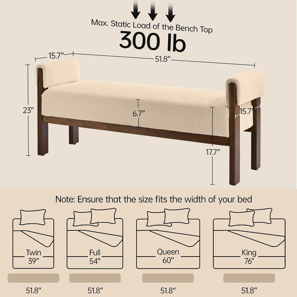 VKNOW 51.8”End of Bed Bench Upholstered Bedroom Bench with Arms, Brown | Soli...