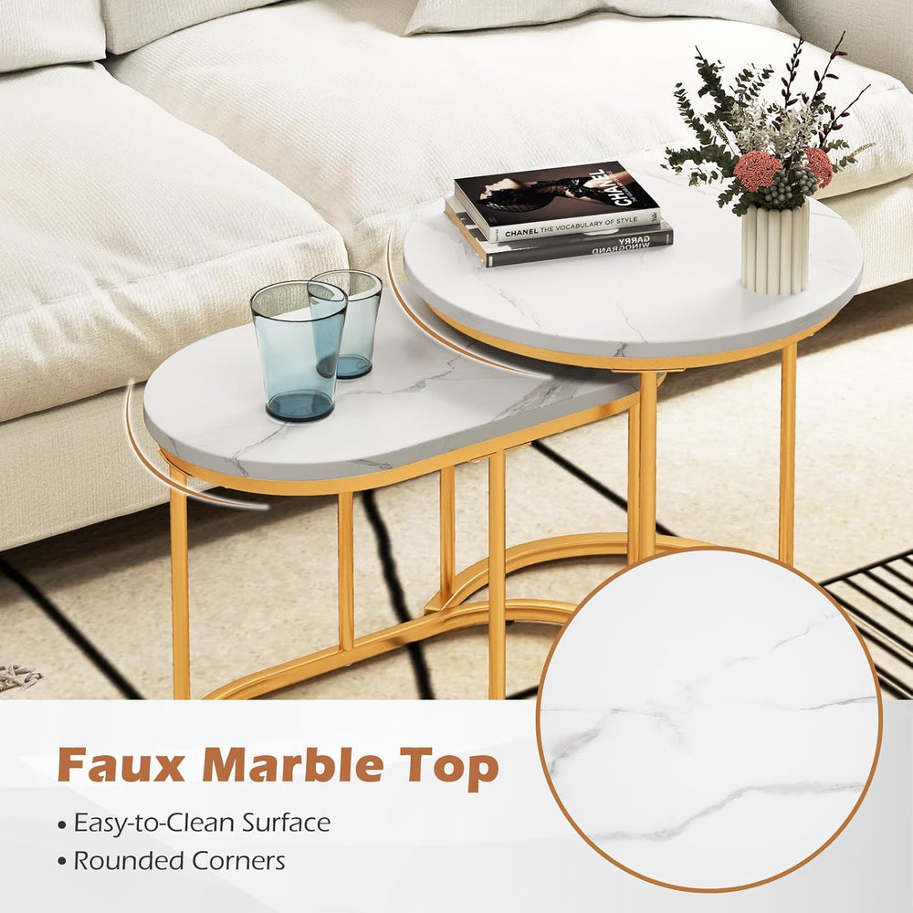 LDAILY Nesting Coffee Table Set with Marble-Look Top, 2-Piece | Golden Steel ...