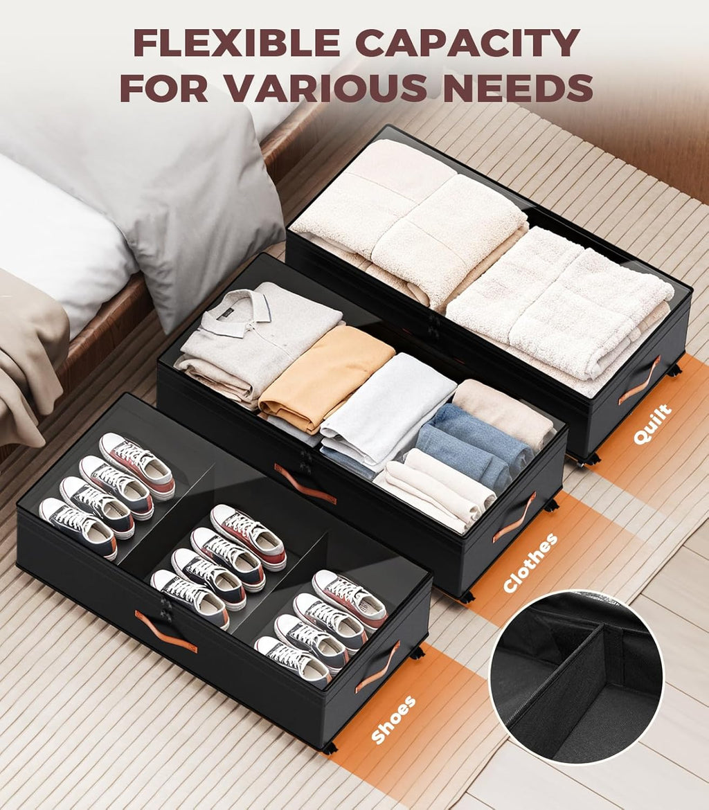 Under Bed Storage with Wheels, 35.5 inches Underbed Storage Large Capacity Under Bed Rolling Containers, 2 Pack Under the Bed Storage for Clothes, Shoes, Blankets (Deep Black)
