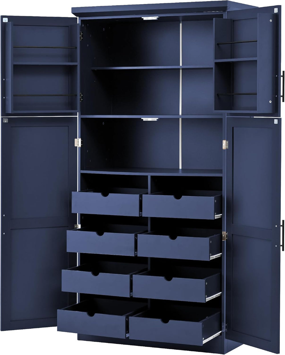 Tall 4 Doors Kitchen Pantry Cabinet with 8 Pull-Out Trays, Freestanding Pantr...