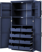 Tall 4 Doors Kitchen Pantry Cabinet with 8 Pull-Out Trays, Freestanding Pantry Storage Cabinet with 2 Door Shelves and Adjustable Shelf for Kitchen, Dining Room (Blue)