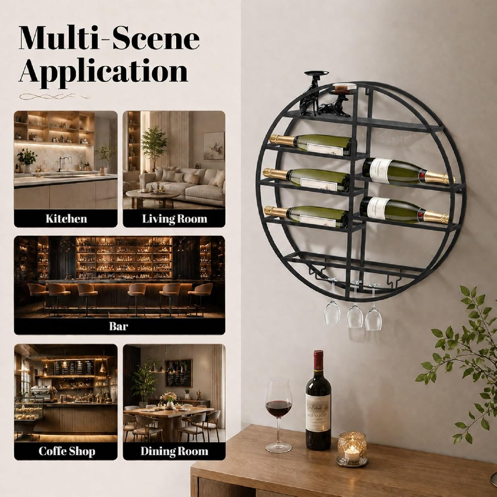 Round Wall Mounted Wine Rack Modern Metal Wine Wall Display Shelf | Horizontal Circular Bottle Storage Organizer, Vintage Rustic Wall Decor for Kitchen Living Room, Wine Cellar, Home Bar, Black