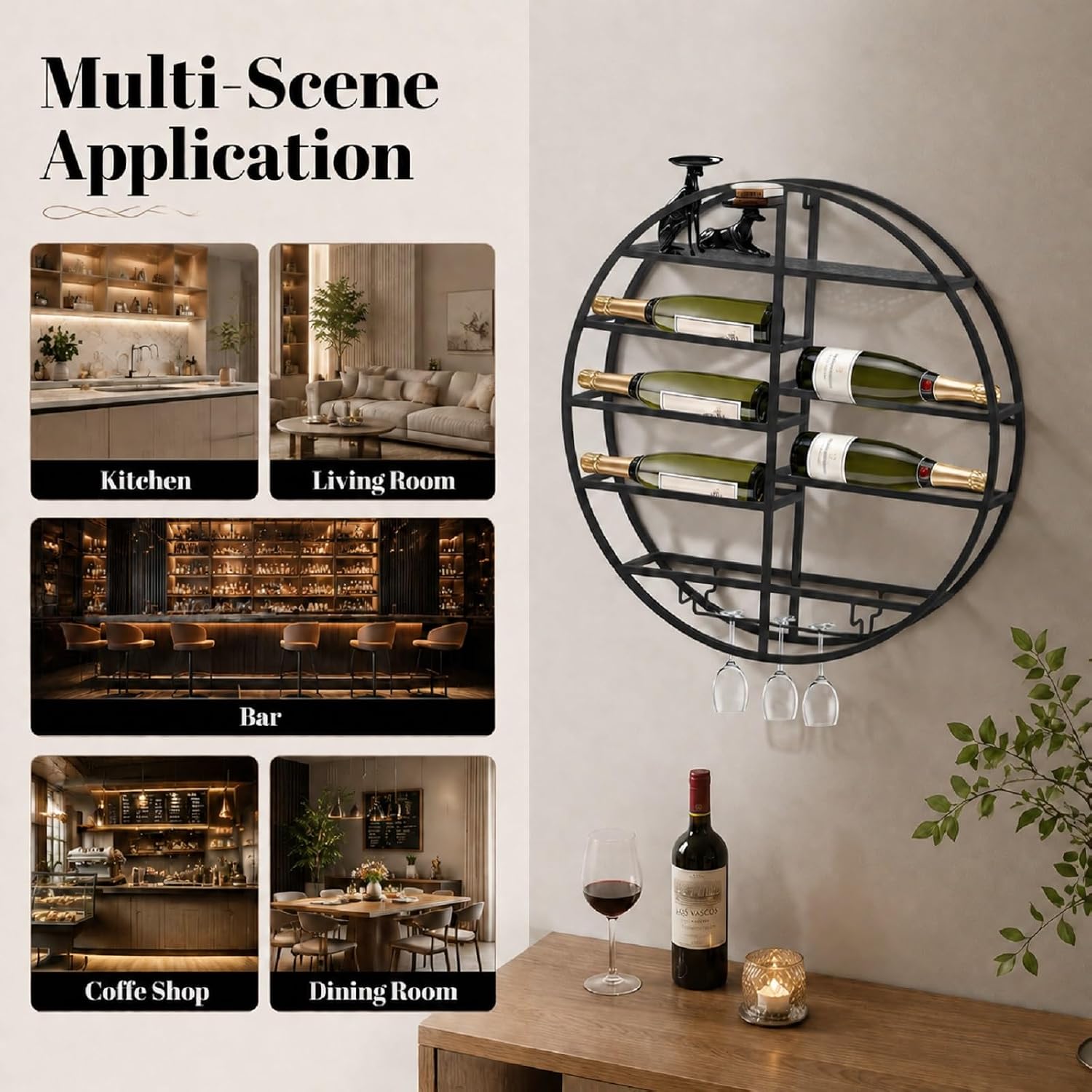 Round Wall Mounted Wine Rack Modern Metal Wine Wall Display Shelf | Horizontal Circular Bottle Storage Organizer, Vintage Rustic Wall Decor for Kitchen Living Room, Wine Cellar, Home Bar, Black