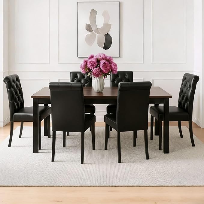 Modern Dining Chairs Set of 6, Farmhouse PU Leather Kitchen Chairs, Upholstered Accent Chair Parsons Chair for Home/Living Room/Bedroom/Resturant, Black