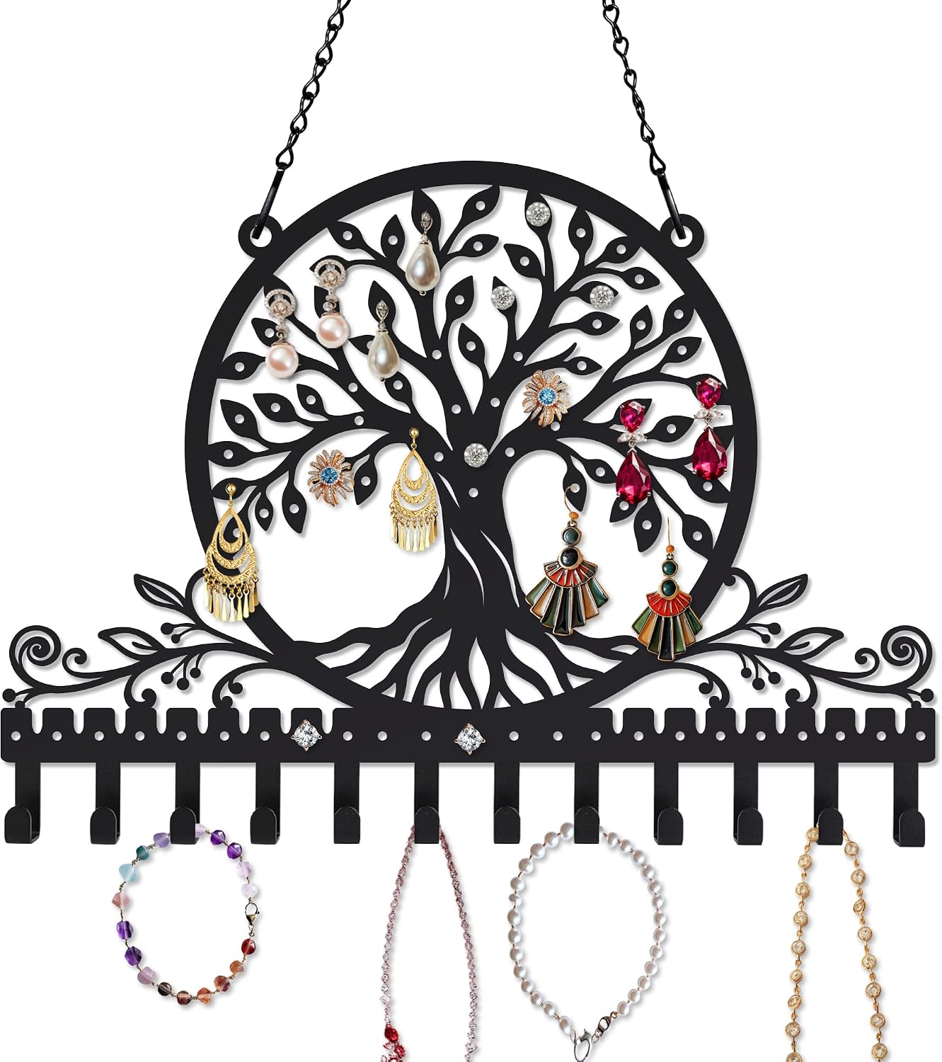 Personalized Tree of Life Wall Mounted Jewelry Organizer Metal Earring Holder Necklace Display Rack Decorative Jewelry Storage Hanger Space Saving Wall Decor for Bedroom Vanity Room Gift for Women