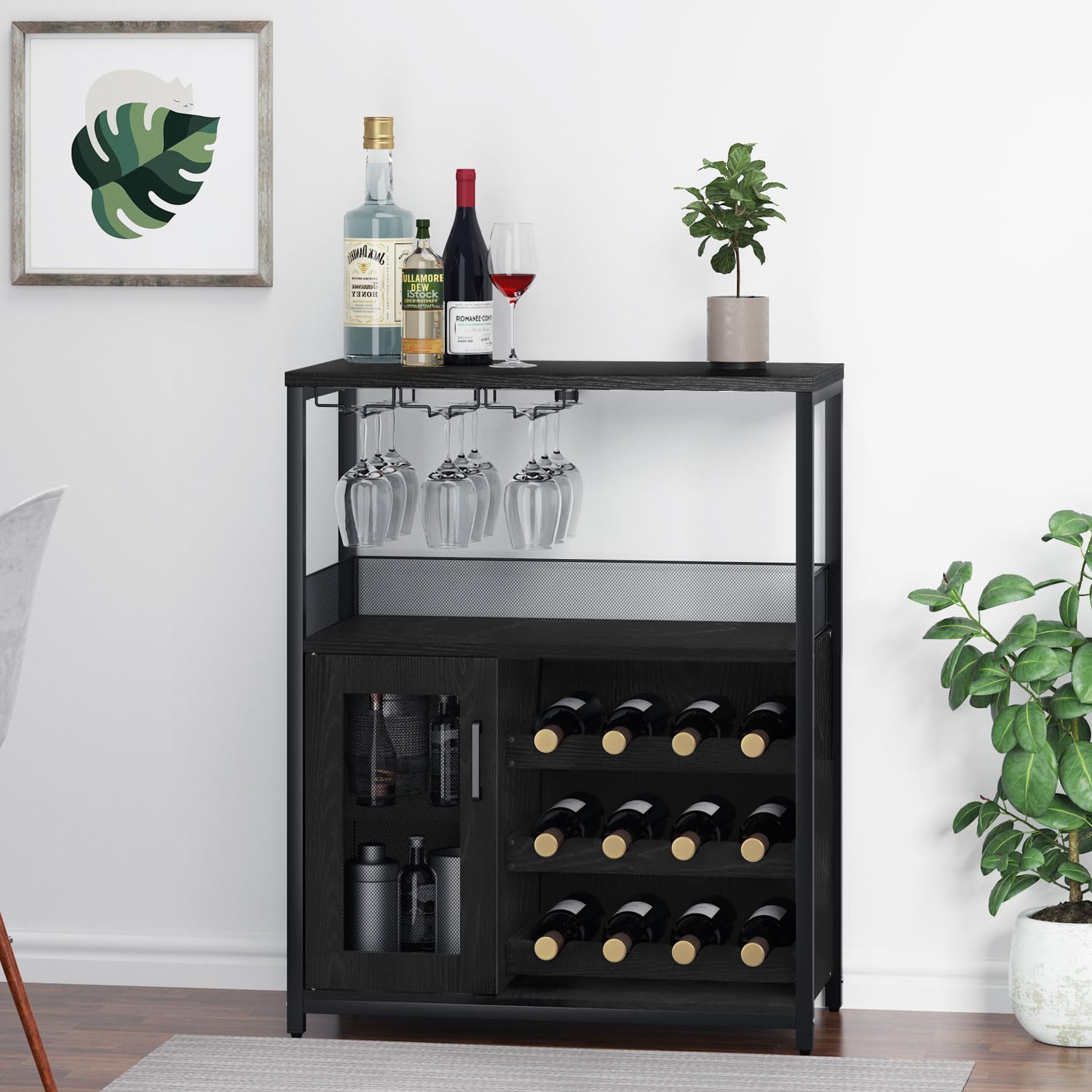 GAOMON Coffee Wine Bar Cabinet with Storage and Detachable Rack | Farmhouse Sideboard and Buffet Cabinet with Glass Holder and Mesh Door, Liquor Coffee Bar Cupboard, Black