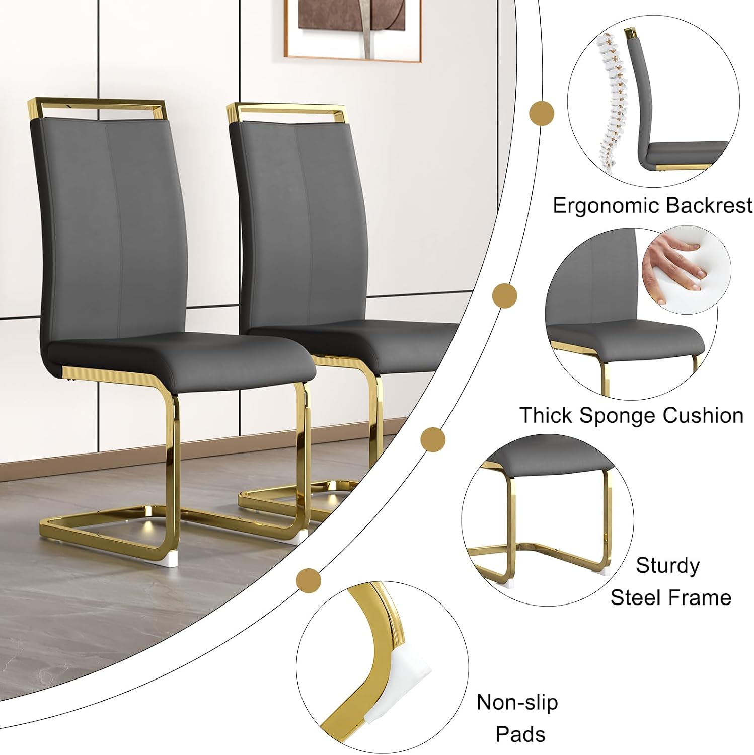 Ebullient 7-Piece White Dining Table Set for 6, Modern Gold Table & Chairs | 55" White MDF Table, 6 Padded Faux Leather Chairs, Gold Frames, 1.57" Thick Top, Reinforced Base, Easy-Clean, Easy Assembly