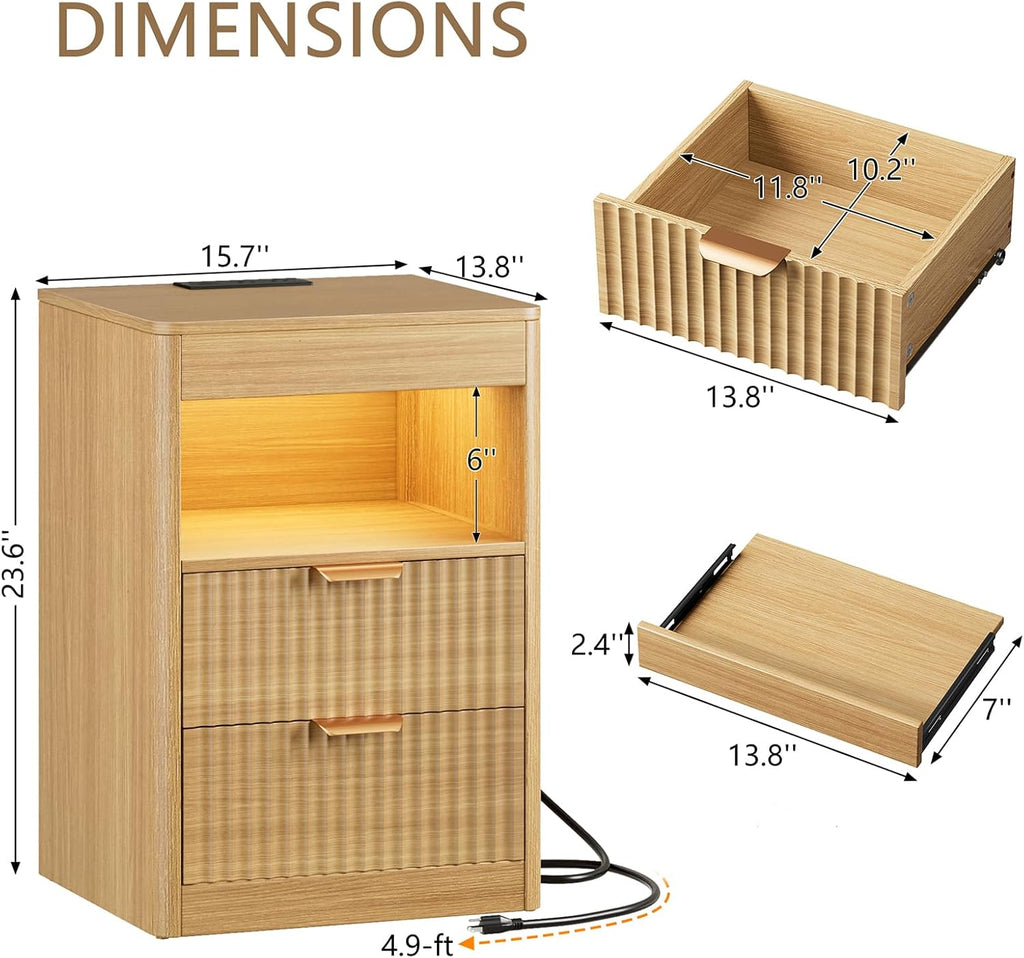 REAHOME Fluted Nightstand with Charging Station, Modern LED Night Stand with 2 Drawers and Pull Out Tray, Wood Bedside Table, End Side Table with Open Shelf for Bedroom,Natural