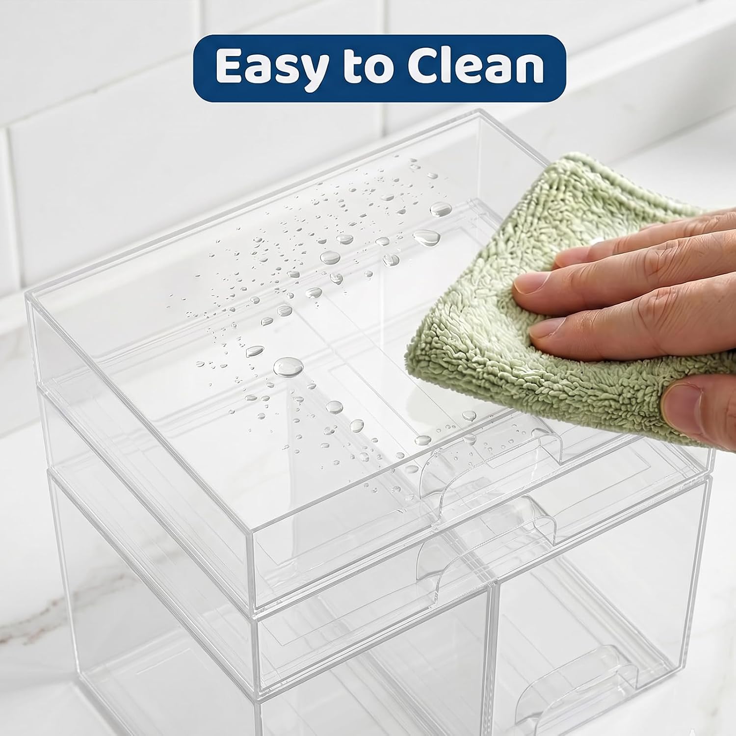 Baby Bottle Organizer Stackable, 4 Pack Clear Stackable Storage Drawers with 3 Stickers & 1 Pen, for Stationery, Cosmetics, Bathroom, Vanity, Countertop & Cabinet ((7.7’’ and 3.4’’Tall)