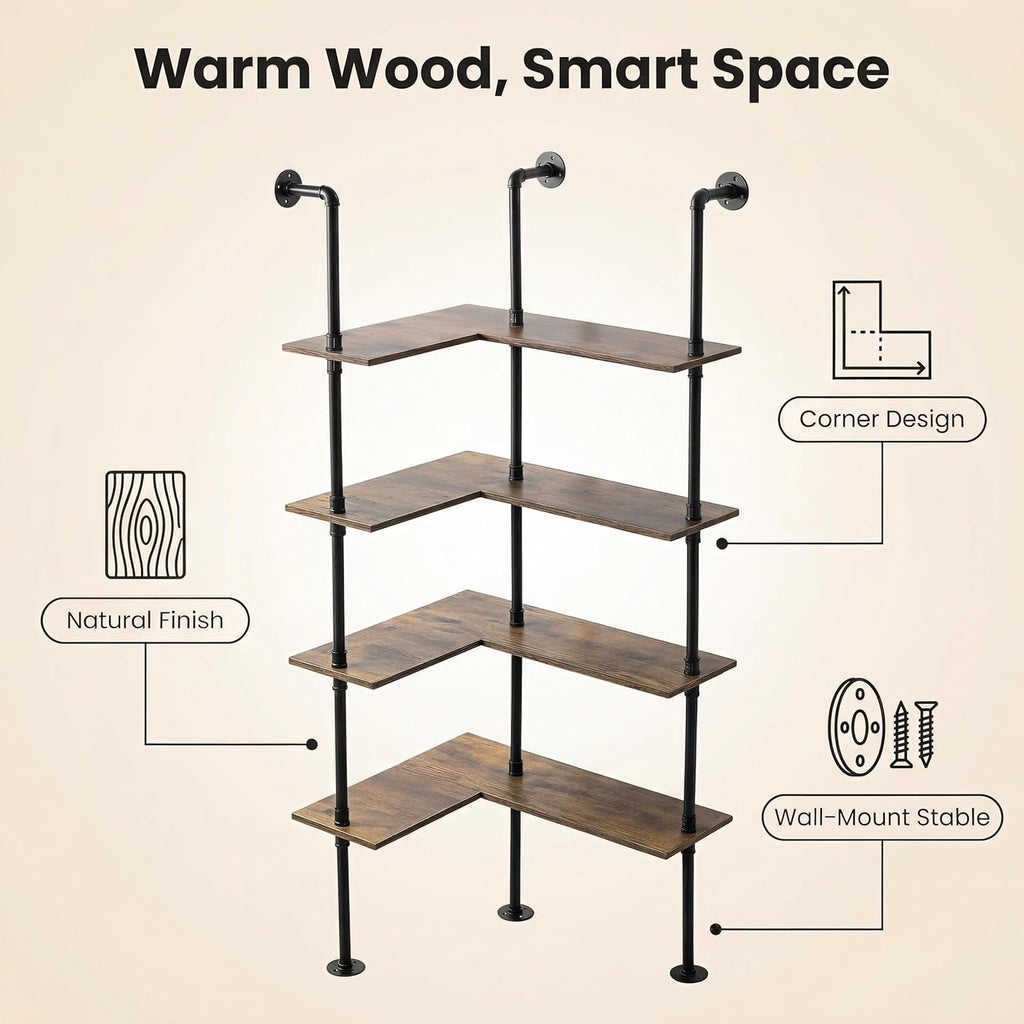 Industrial Pipe Corner Bookshelf, Wall Ladder Shelves/Shelving/Bookcase | 4 Tiers Wood Floating Shelf, Heavy Duty L Shaped Metal Pantry Shelving Rack for Living Room, Bedroom, Home, Office, Kitchen