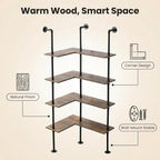 Industrial Pipe Corner Bookshelf, Wall Ladder Shelves/Shelving/Bookcase | 4 Tiers Wood Floating Shelf, Heavy Duty L Shaped Metal Pantry Shelving Rack for Living Room, Bedroom, Home, Office, Kitchen