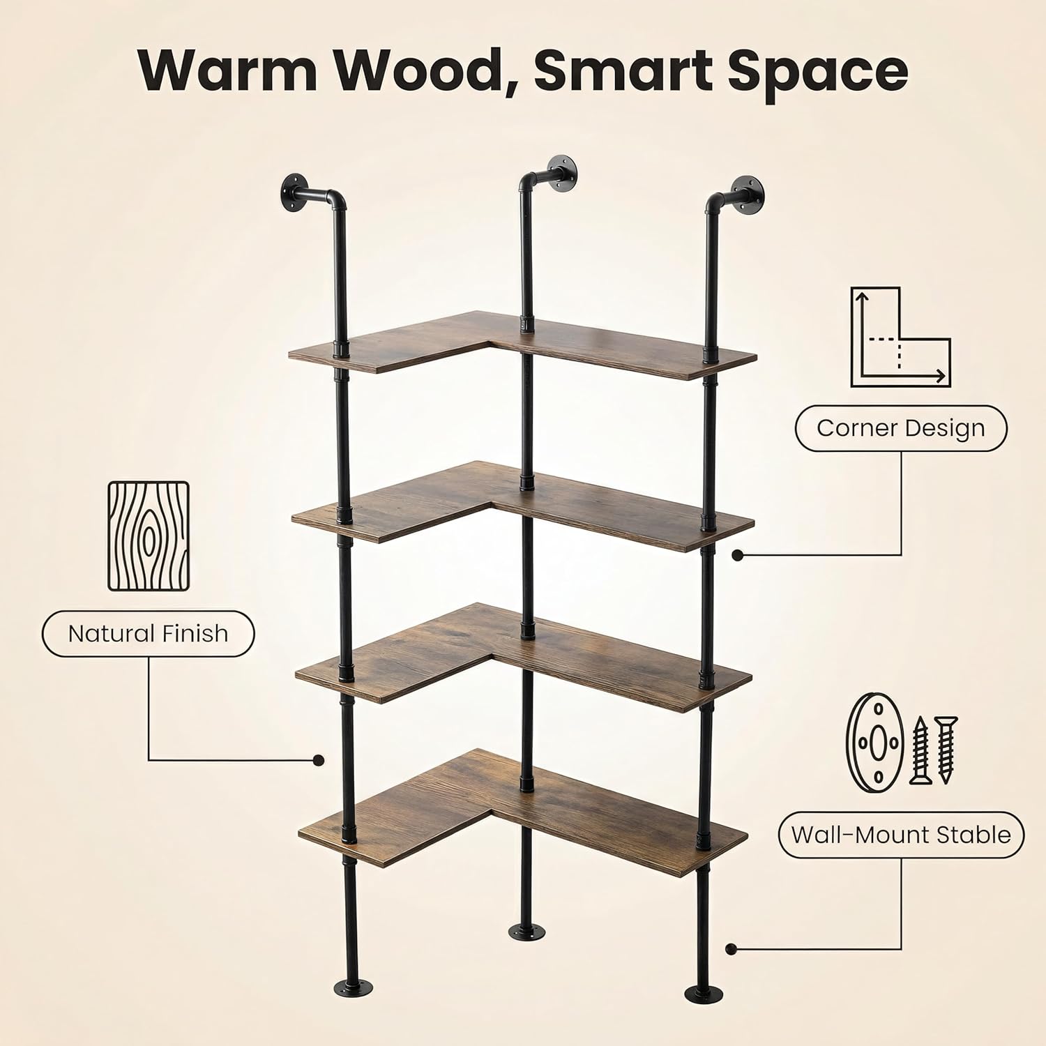 Industrial Pipe Corner Bookshelf, Wall Ladder Shelves/Shelving/Bookcase | 4 Tiers Wood Floating Shelf, Heavy Duty L Shaped Metal Pantry Shelving Rack for Living Room, Bedroom, Home, Office, Kitchen