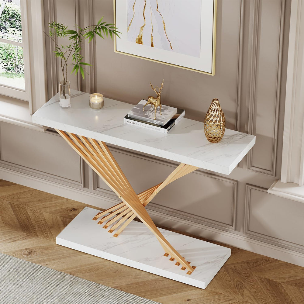 UNIQUITE 39.4 Inch Gold Console Table, White Faux Marble Modern Entryway Tabl...